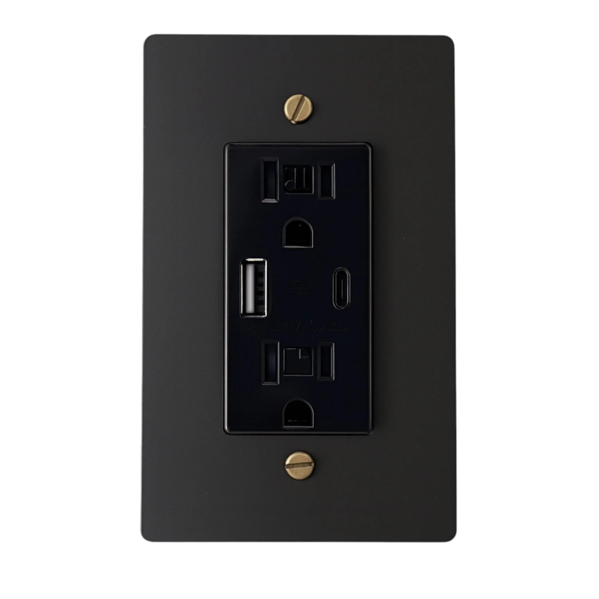 Black wall outlet with USB ports on a white background