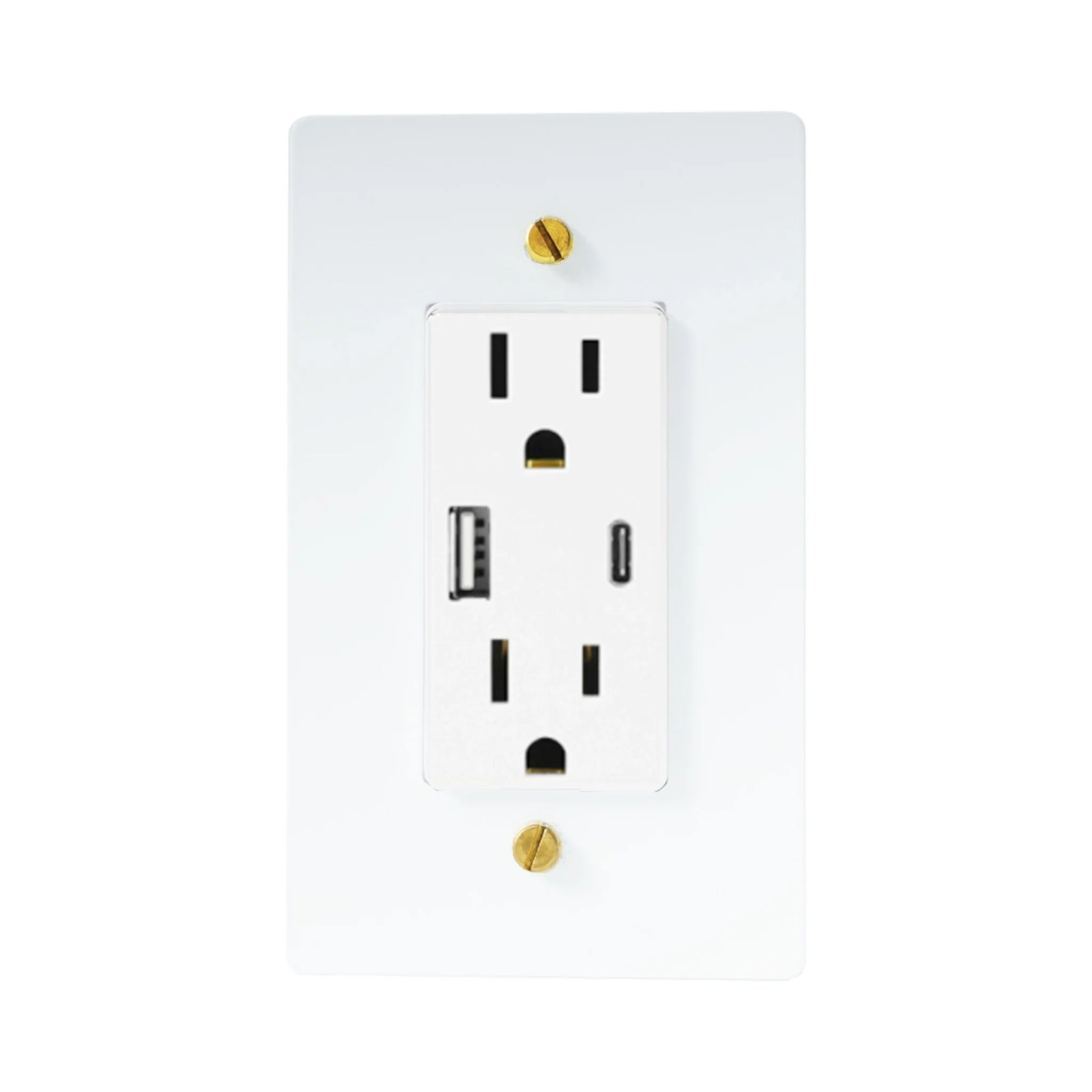 USB White wall outlet with gold screws on a white background