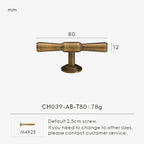 Measurement chart with vintage brushed bronze T-Bar 80 mm long and dimensions on a white background.