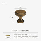 Measurement chart with vintage brushed bronze knob 25.5 mm long and dimensions on a white background.