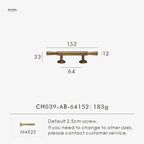Measurement chart with vintage brushed bronze pull 152 mm long and dimensions on a white background.