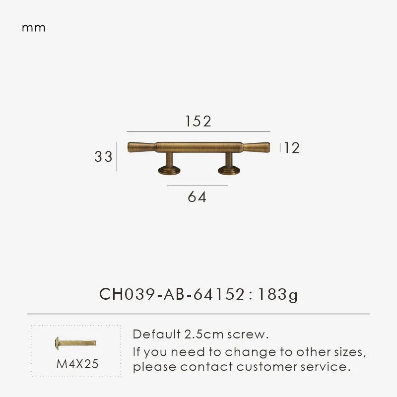 Measurement chart with vintage brushed bronze pull 152 mm long and dimensions on a white background.