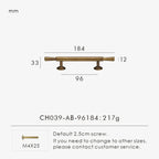 Measurement chart with vintage brushed bronze pull 184 mm long and dimensions on a white background.