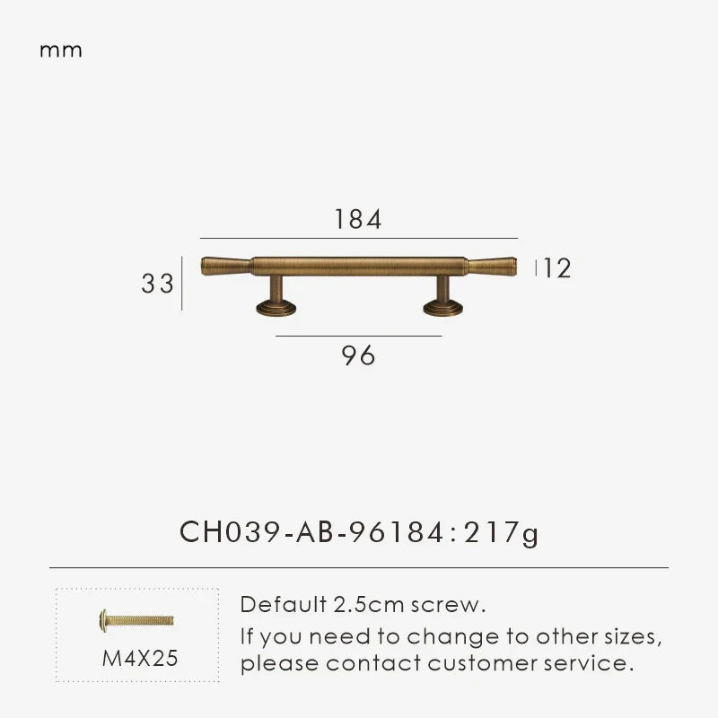Measurement chart with vintage brushed bronze pull 184 mm long and dimensions on a white background.
