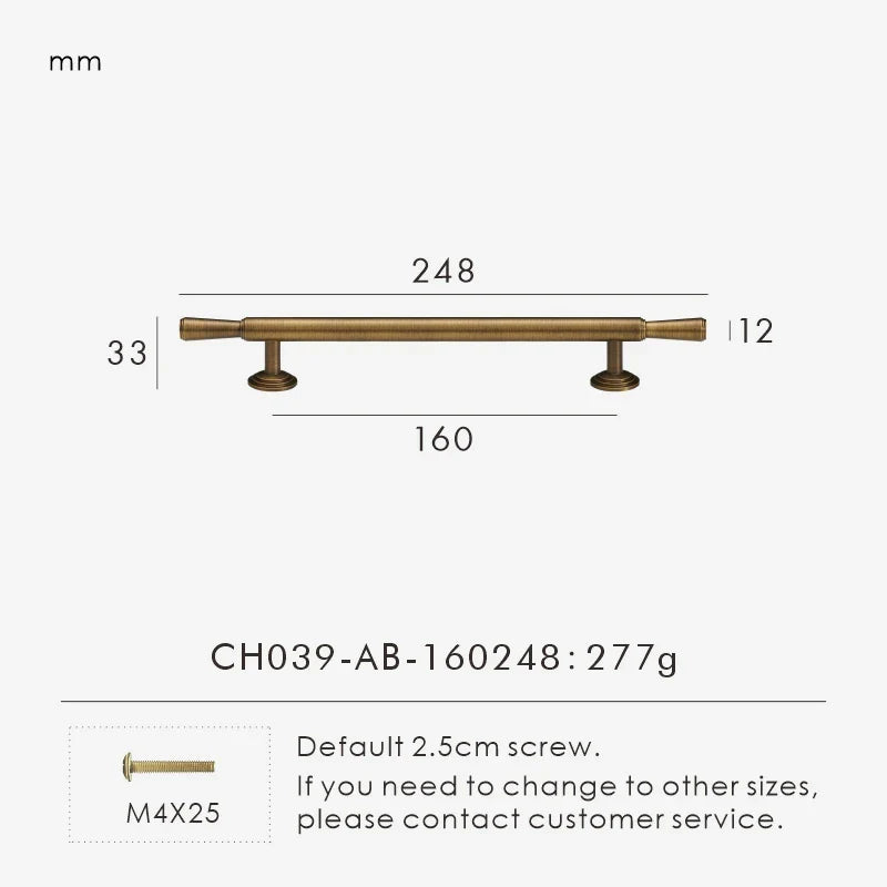 Measurement chart with vintage brushed bronze pull 248 mm long and dimensions on a white background.