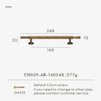 Measurement chart with vintage brushed bronze pull 248 mm long and dimensions on a white background.
