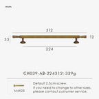 Measurement chart with vintage brushed bronze pull 312 mm long and dimensions on a white background.