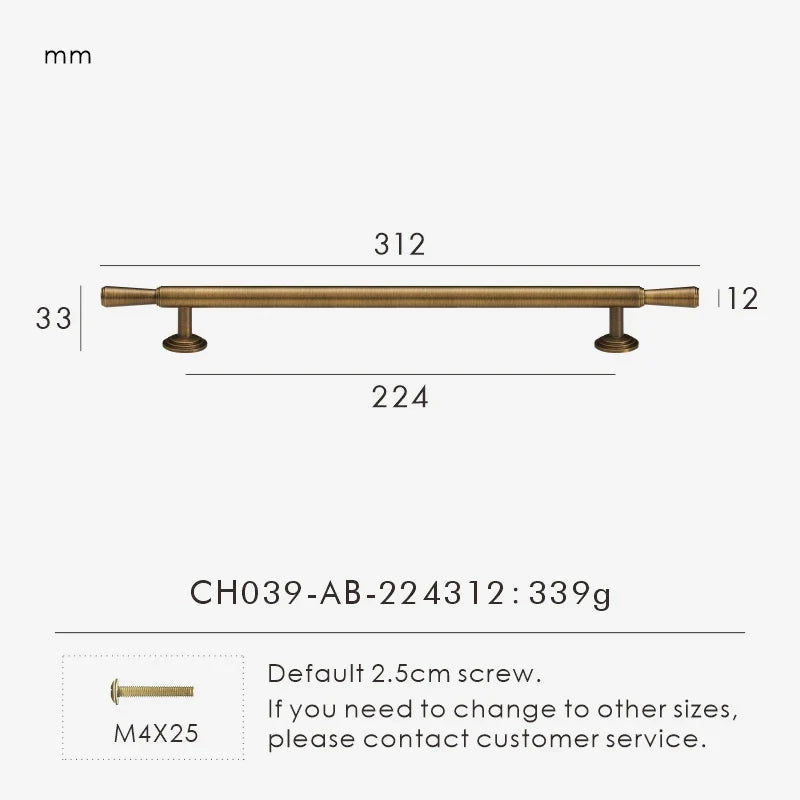 Measurement chart with vintage brushed bronze pull 312 mm long and dimensions on a white background.