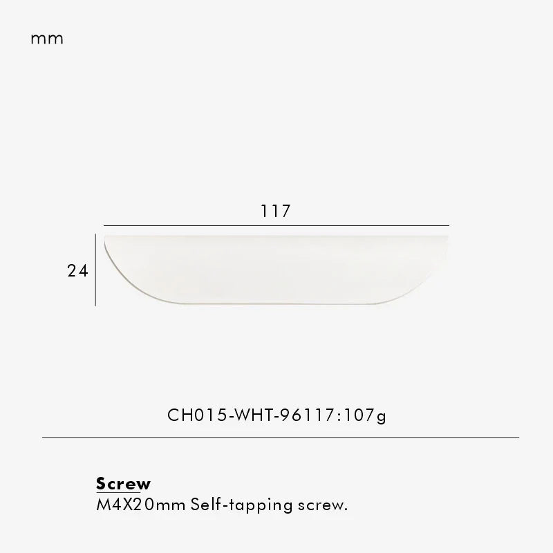 Measurement chart for a white brass edge pull 117 mm with dimensions and weight information.