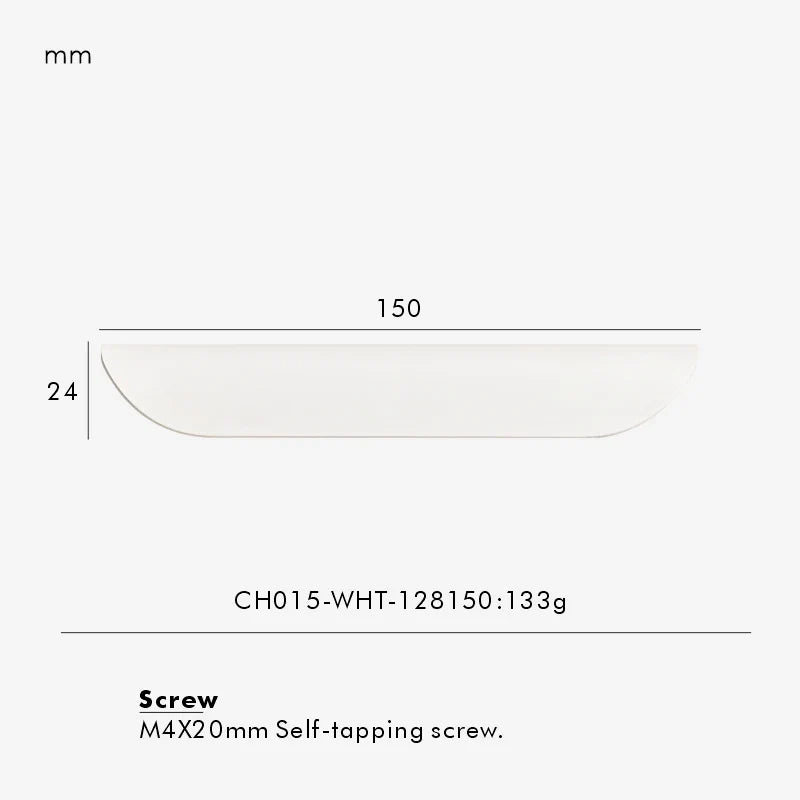 Measurement chart for a white brass edge pull 150 mm with dimensions and weight information.