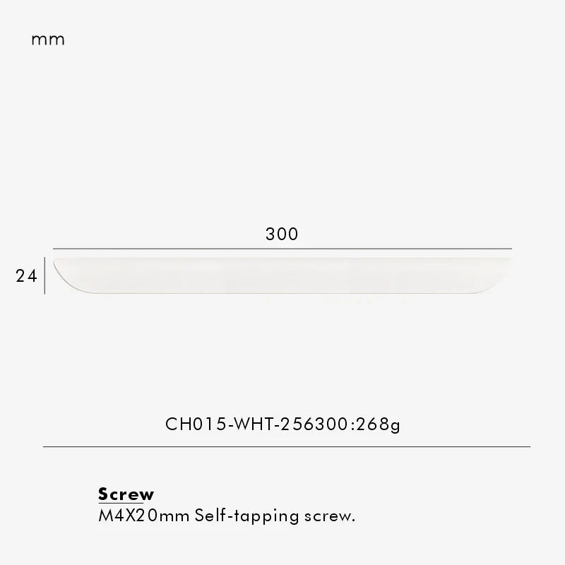Measurement chart for a white brass edge pull 300 mm with dimensions and weight information.