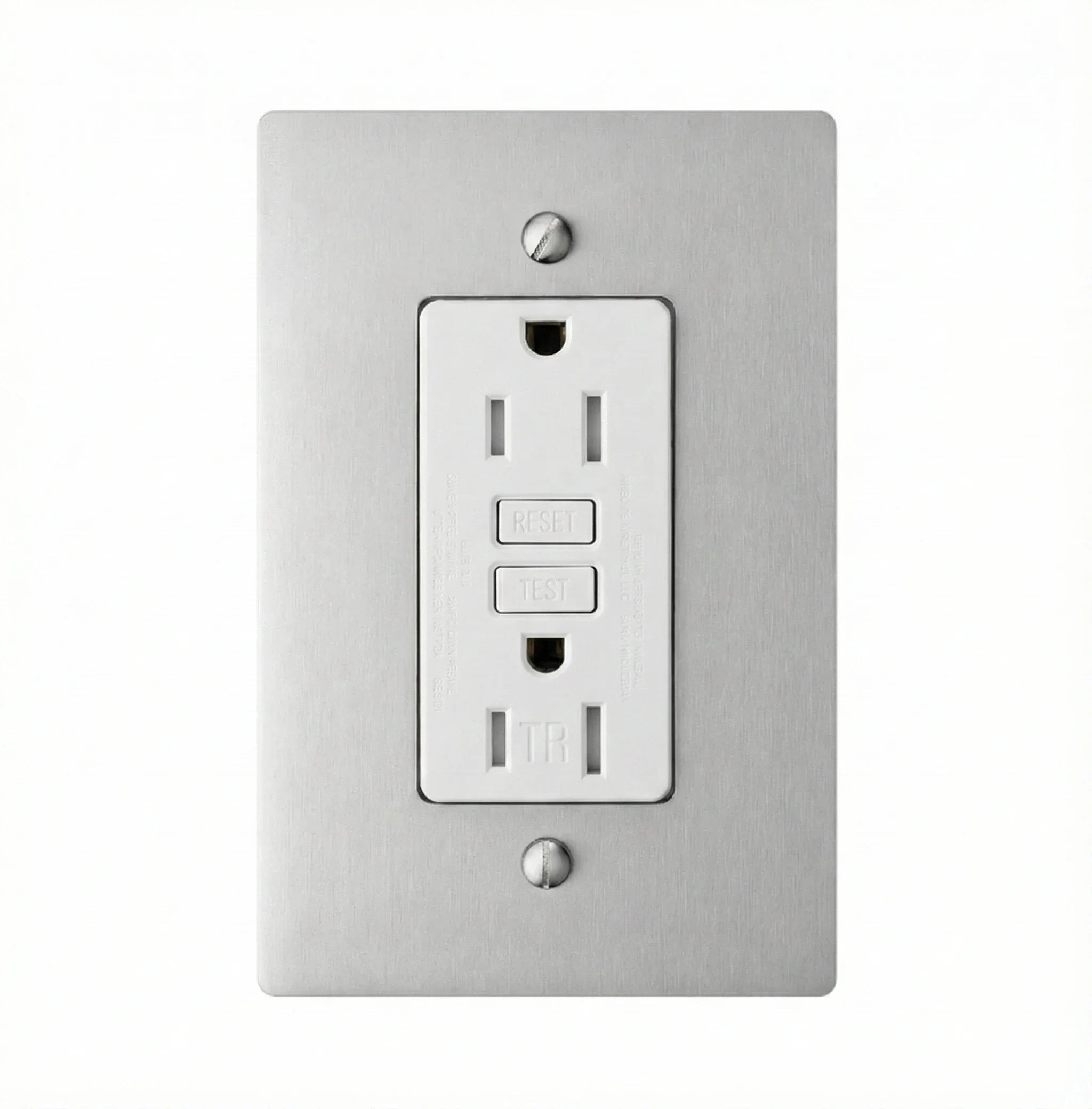 Metallic wall switch plate with two outlets on a white background