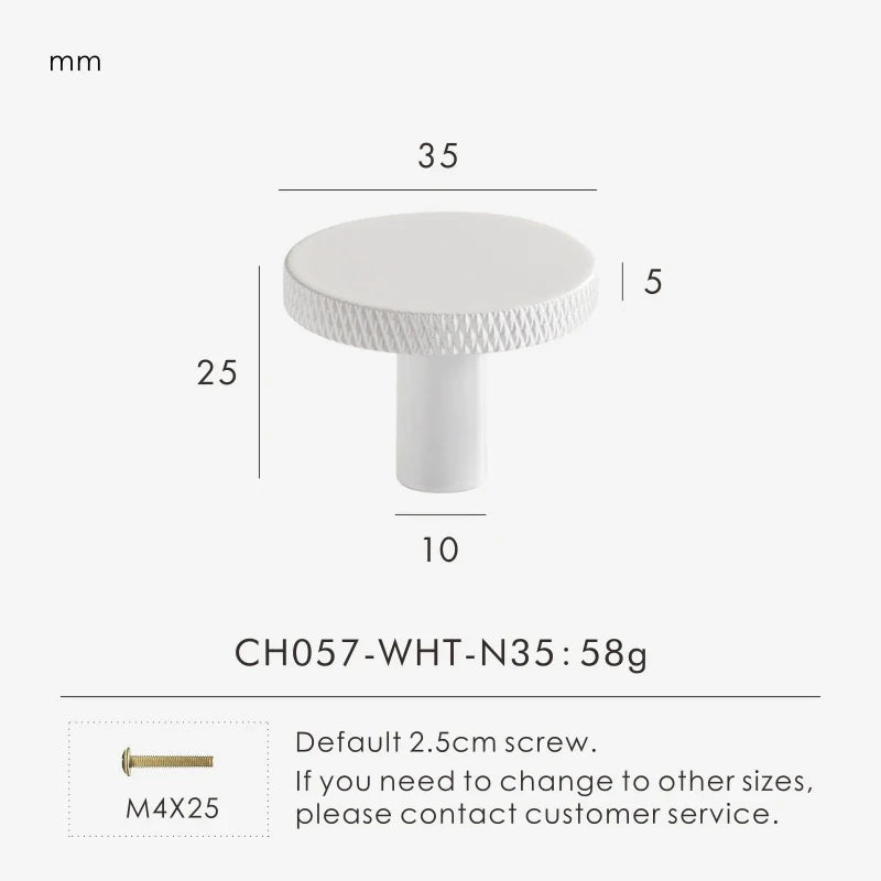 White matte antique knob 35mm with measurements and product details on a white background.