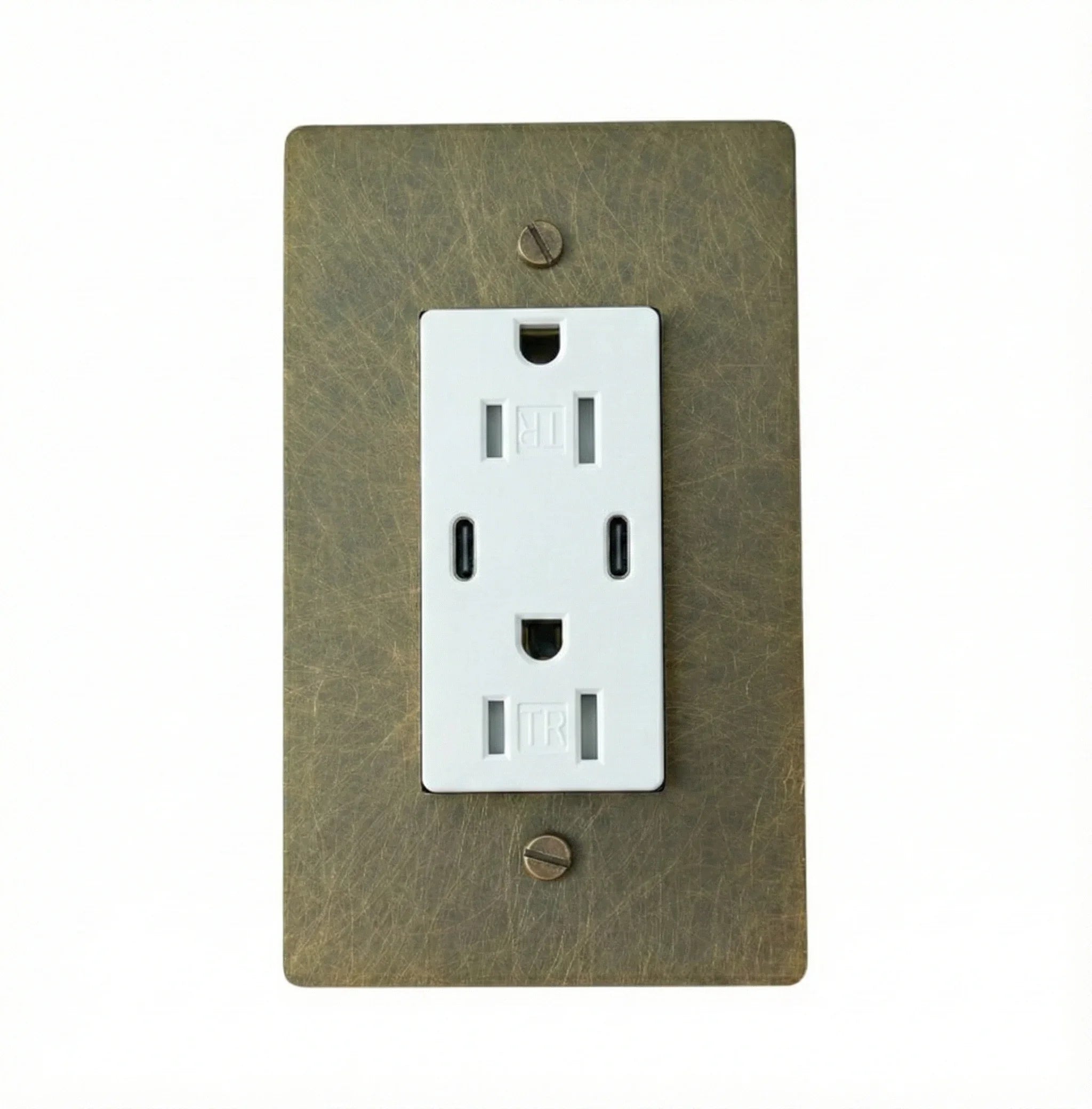 Decorative wall plate with a white electrical outlet on a beige background