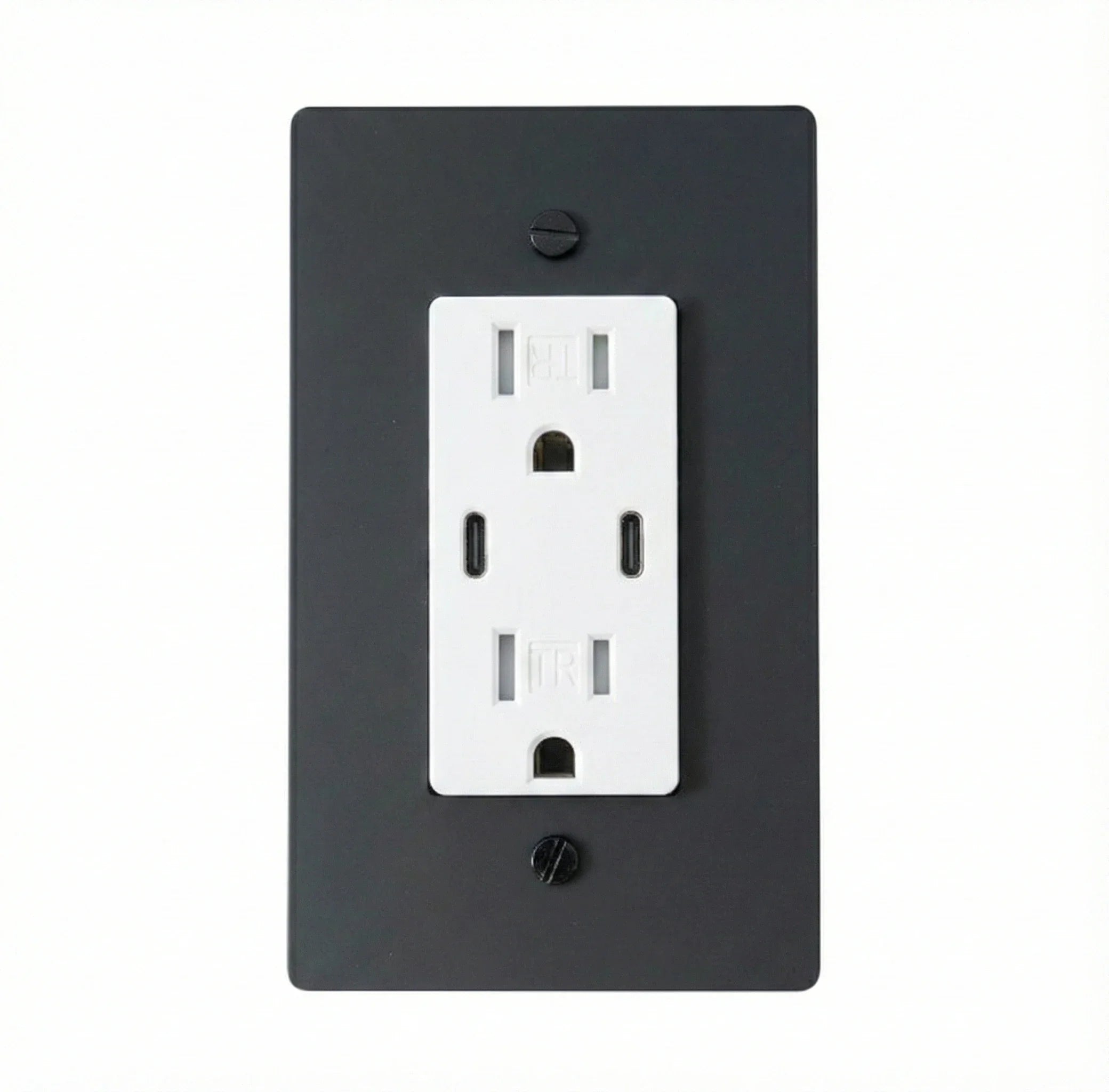 White electrical outlet on a black wall plate against a white background