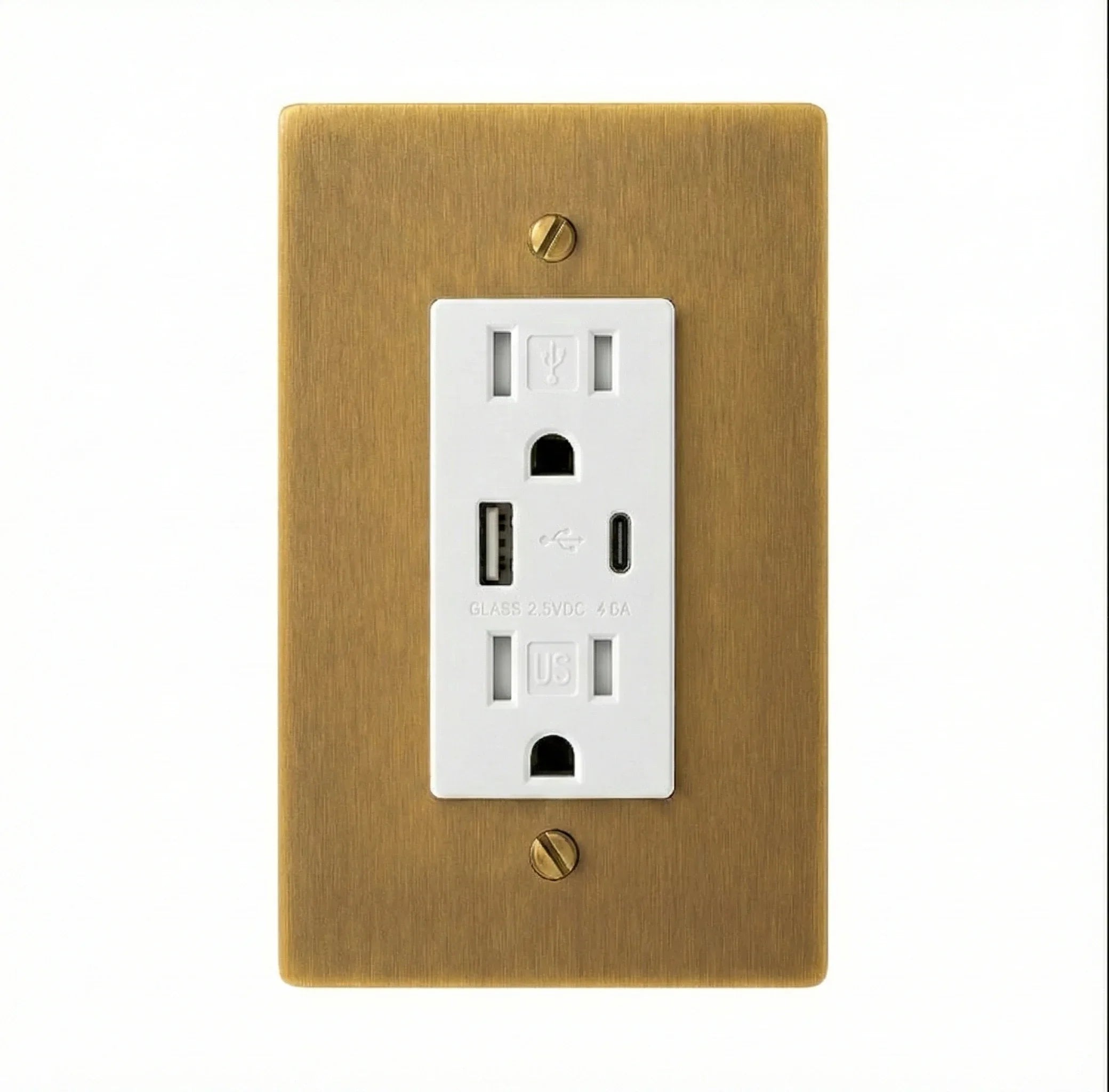 White electrical outlet with USB ports on a gold wall plate