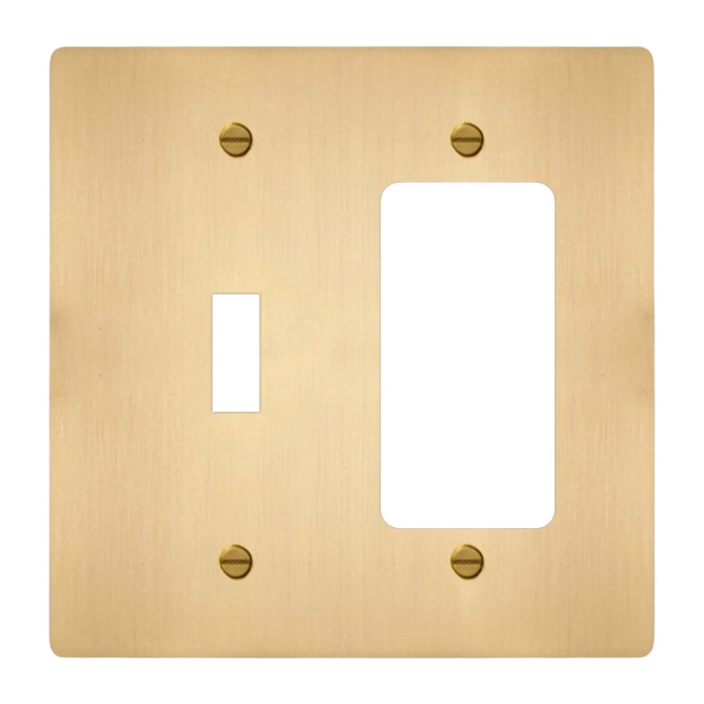 2-gang solid brass toggle and outlet wall plate in satin brass finish, toggle plus decora opening