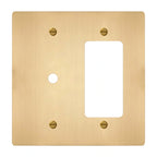 2-gang solid brass dimmer and outlet wall plate in satin brass finish, rotary plus decorator opening