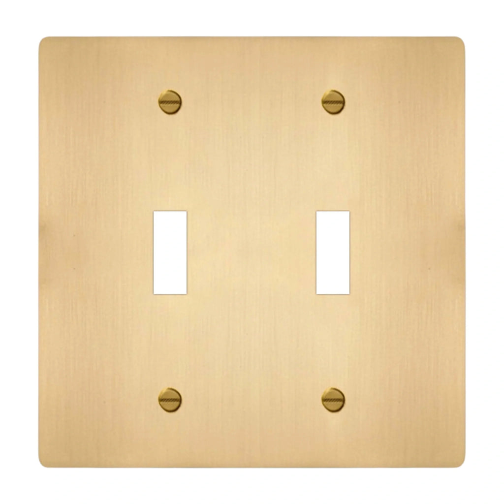 2-gang solid brass toggle wall plate in satin brass finish, double toggle opening