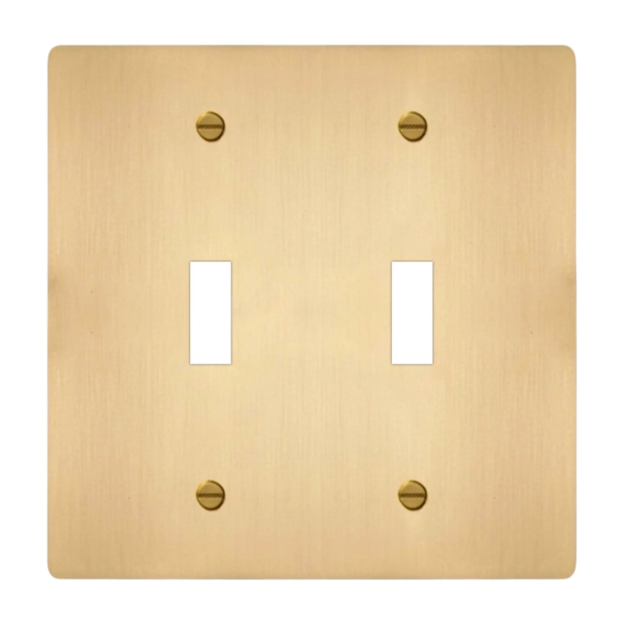 2-gang solid brass toggle wall plate in satin brass finish, double toggle opening