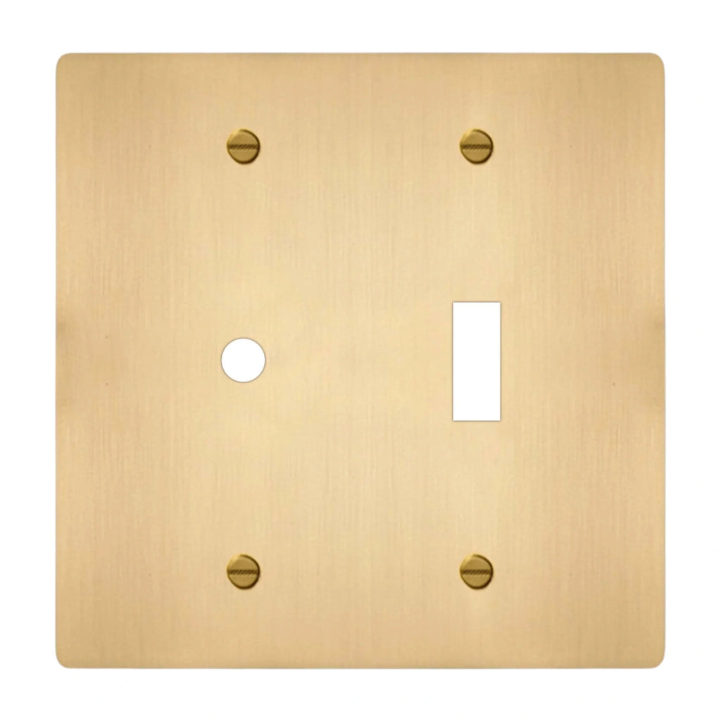 2-gang solid brass dimmer and toggle wall plate in satin brass finish, rotary plus toggle opening