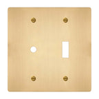 2-gang solid brass dimmer and toggle wall plate in satin brass finish, rotary plus toggle opening