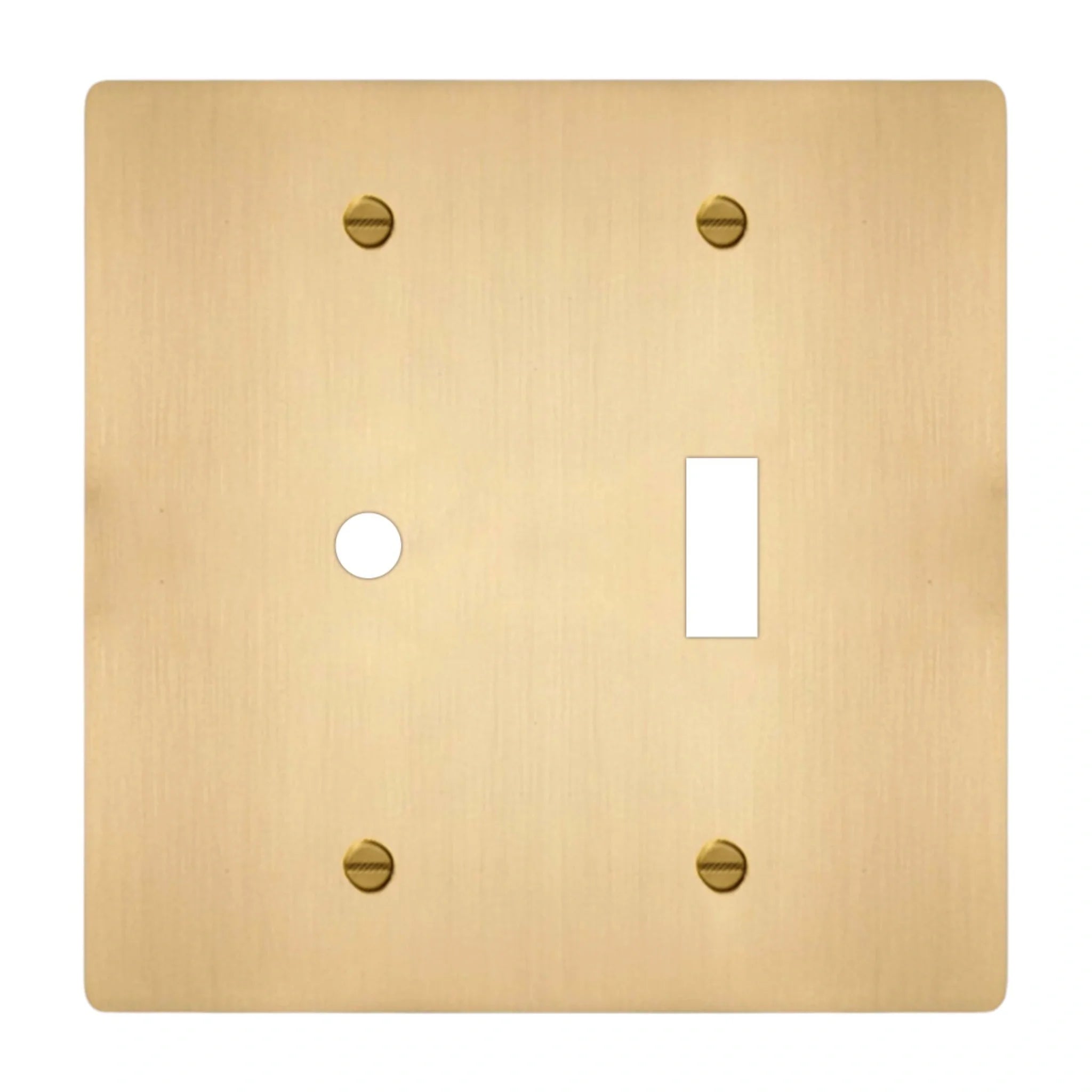 2-gang solid brass dimmer and toggle wall plate in satin brass finish, rotary plus toggle opening