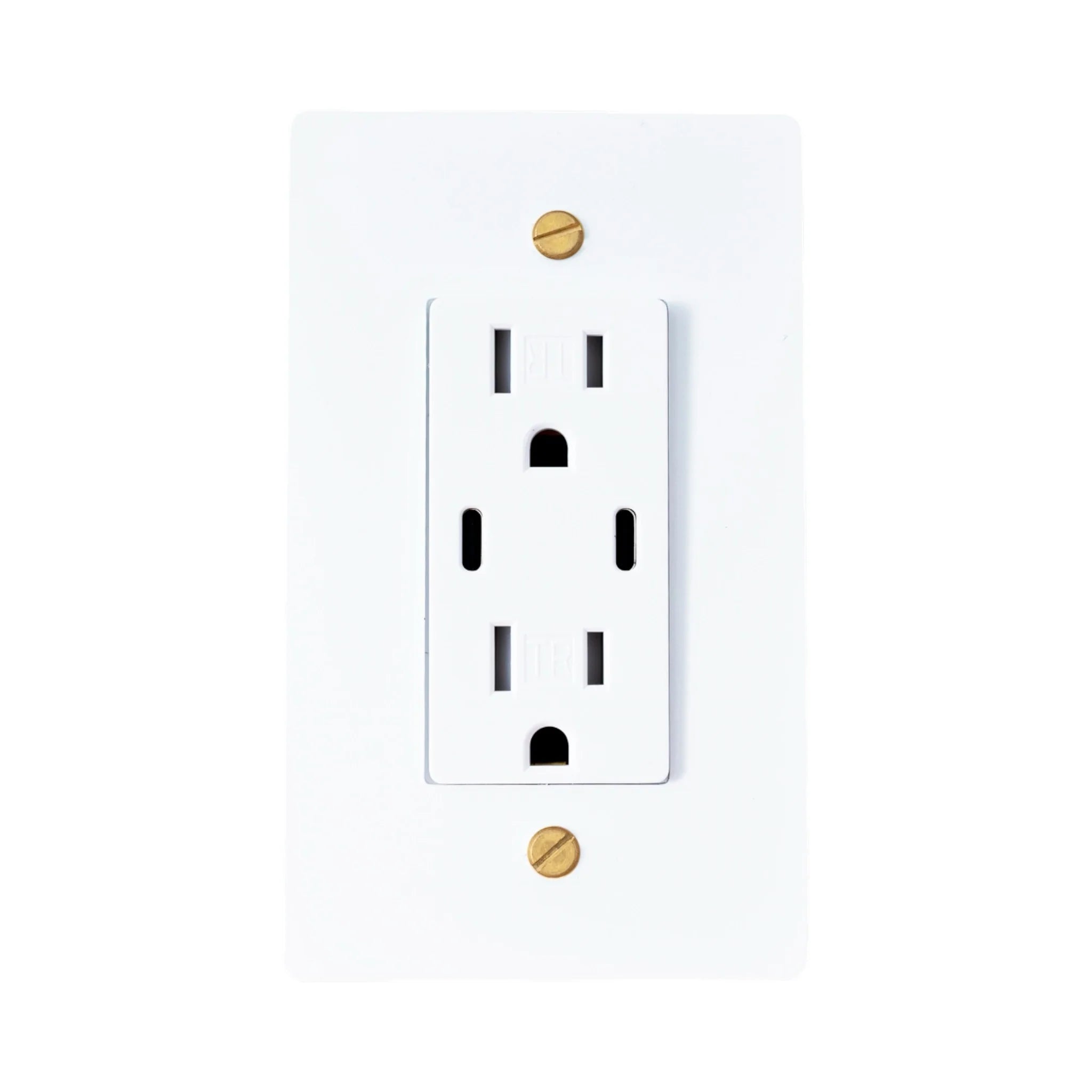 White USB-C electrical outlet with gold screws on a white background