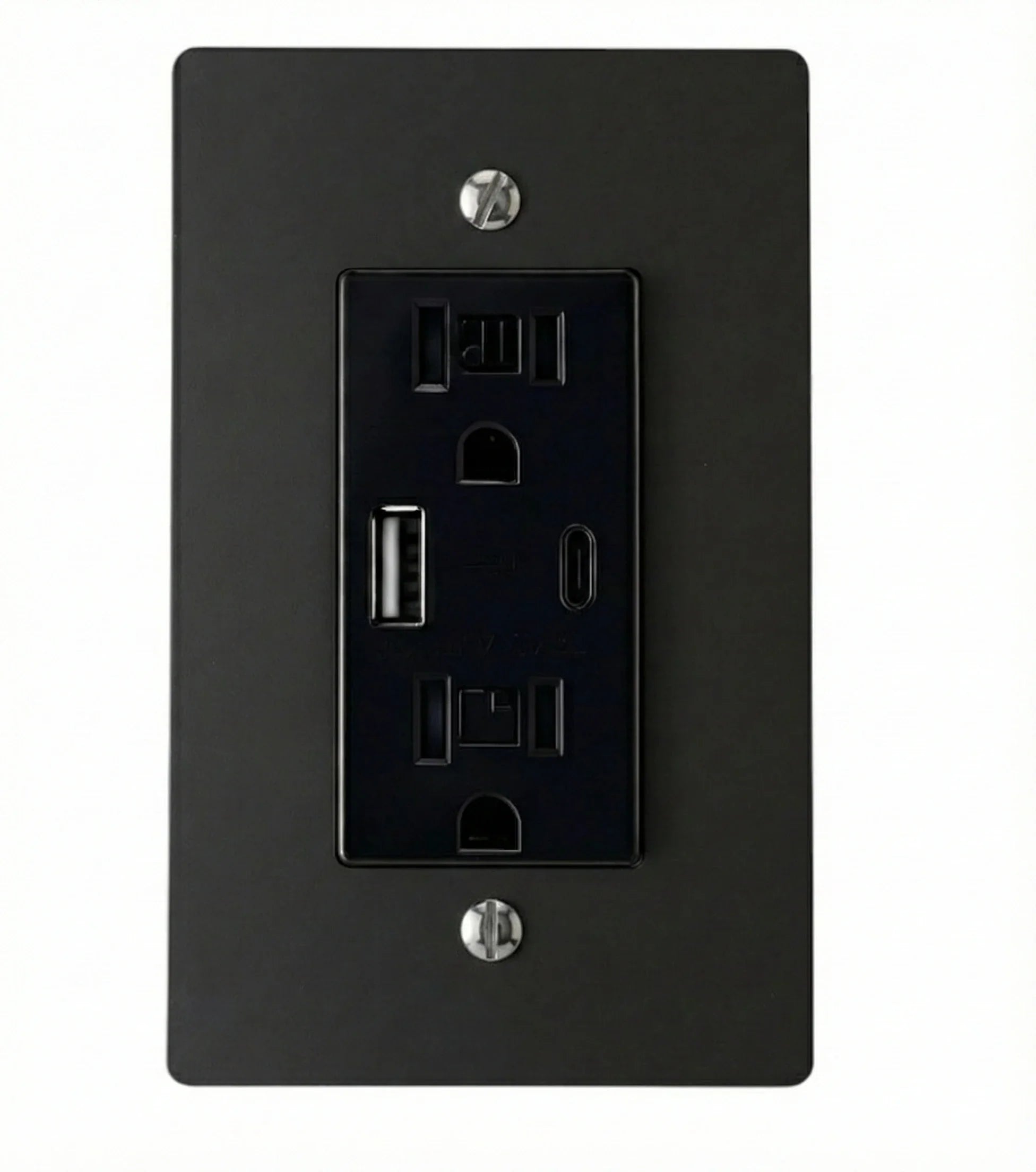 Black wall outlet with multiple ports on a white background