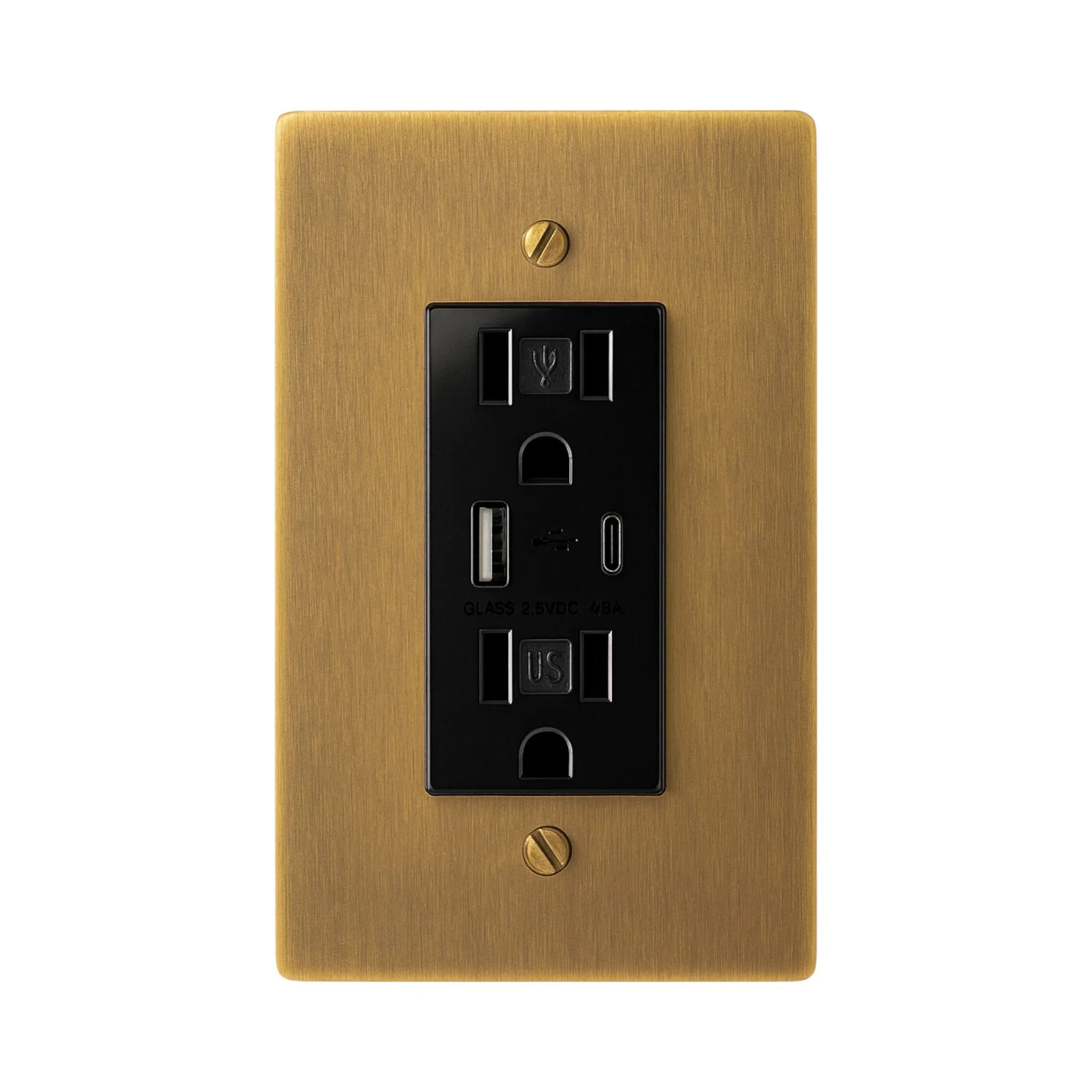 Antique brushed brass wall plate with black electrical outlet on a white background