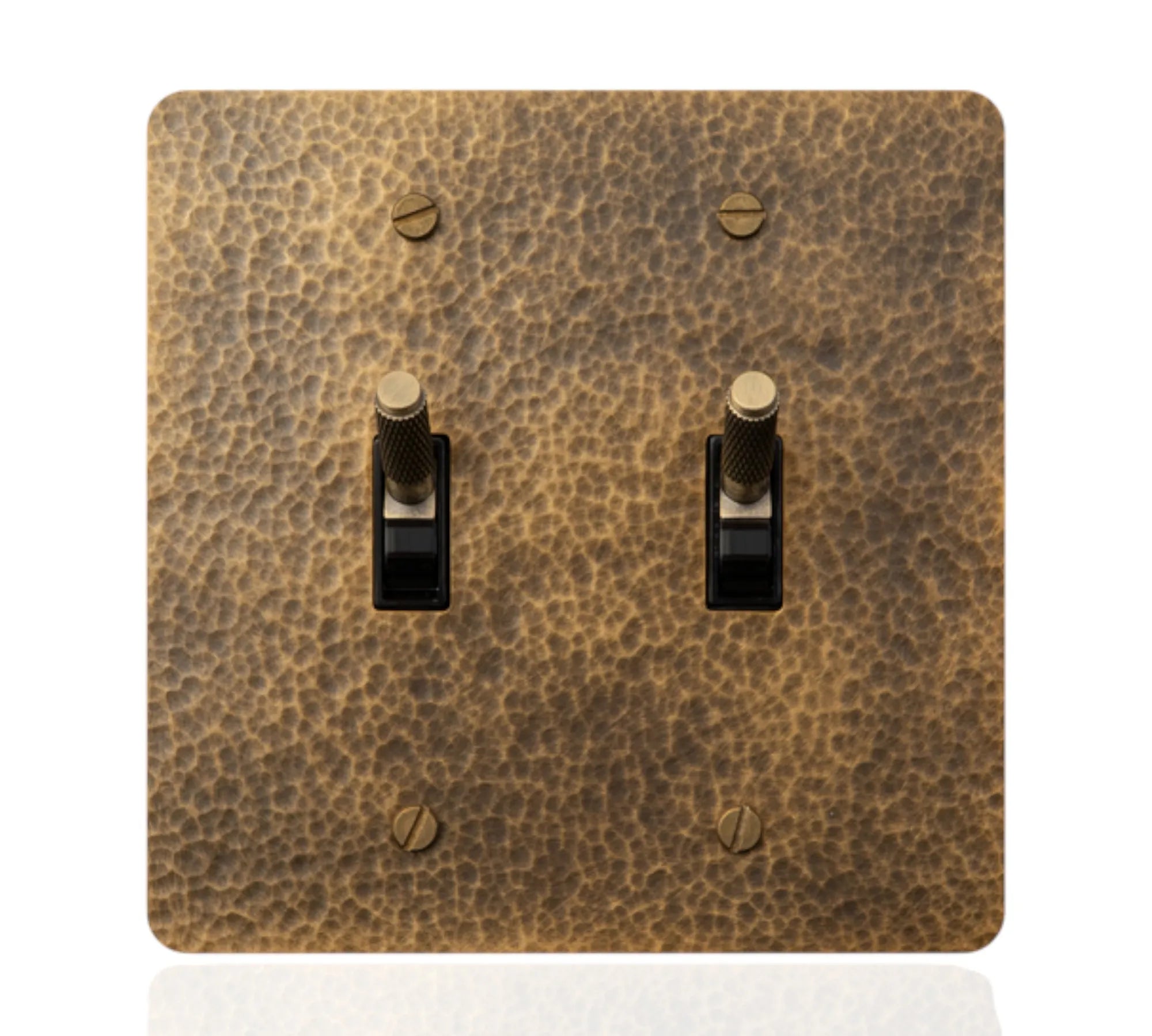 2 gang toggle light switch with antique hammered bras wall plate