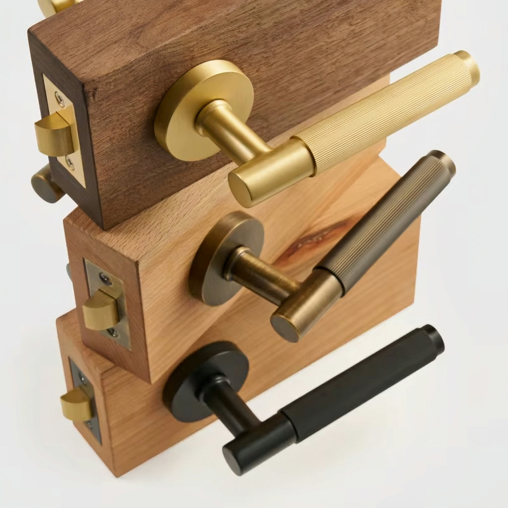 Linear Knurled Solid Brass Door Lever Set, European Mortise