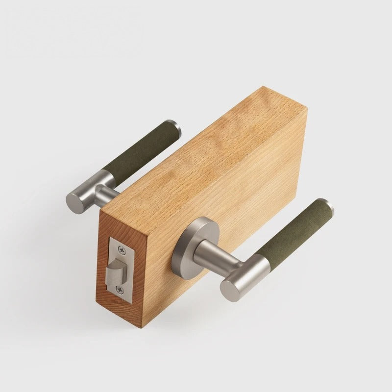 Leather Wrapped Solid Brass Door Lever Set, European Mortise