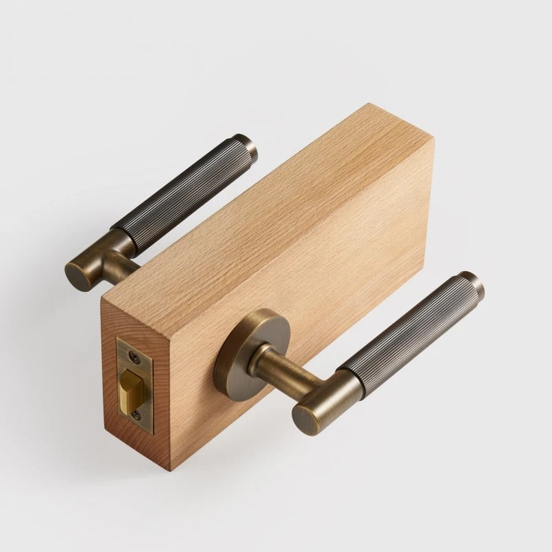 Linear Knurled Solid Brass Door Lever Set, European Mortise