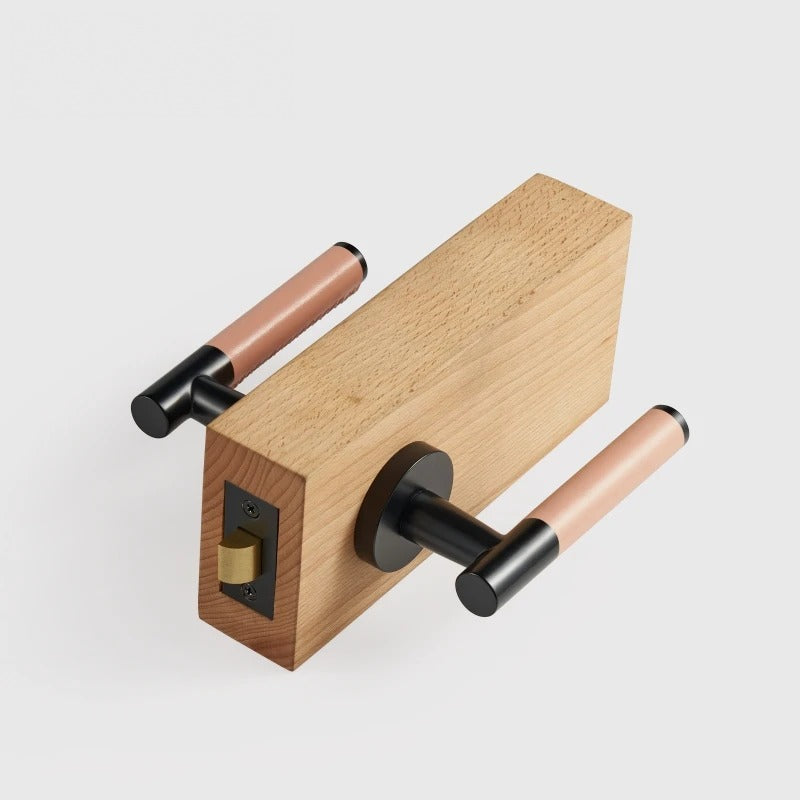 Leather Wrapped Solid Brass Door Lever Set, European Mortise