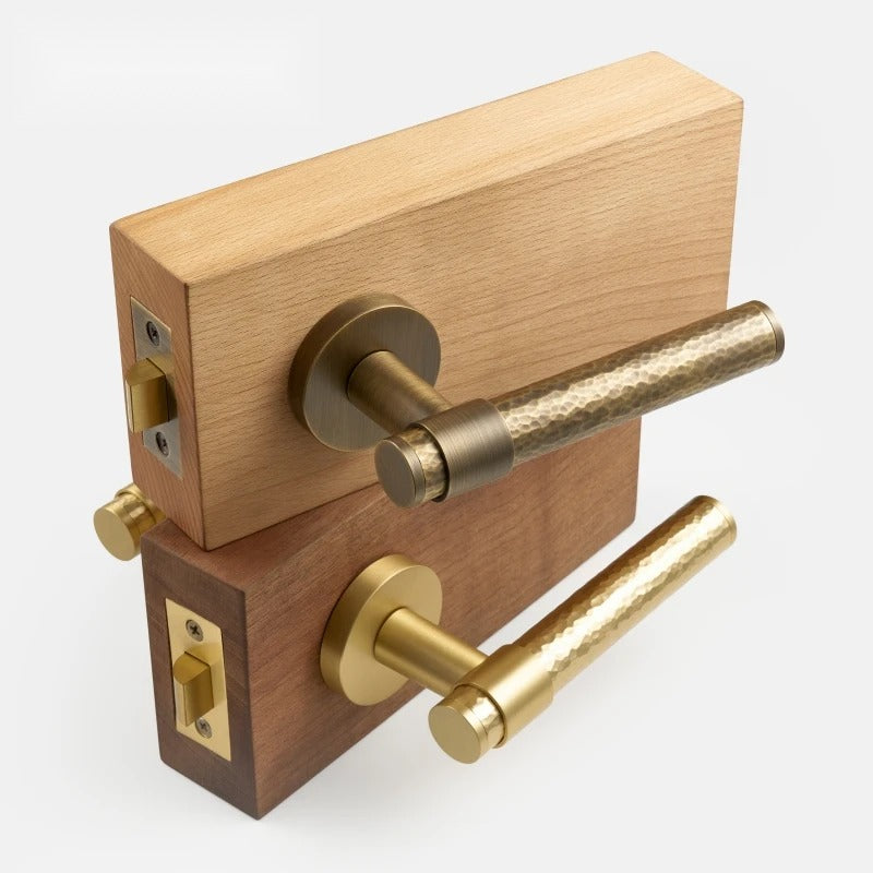 Hand Hammered Solid Brass Door Lever Set, European Mortise