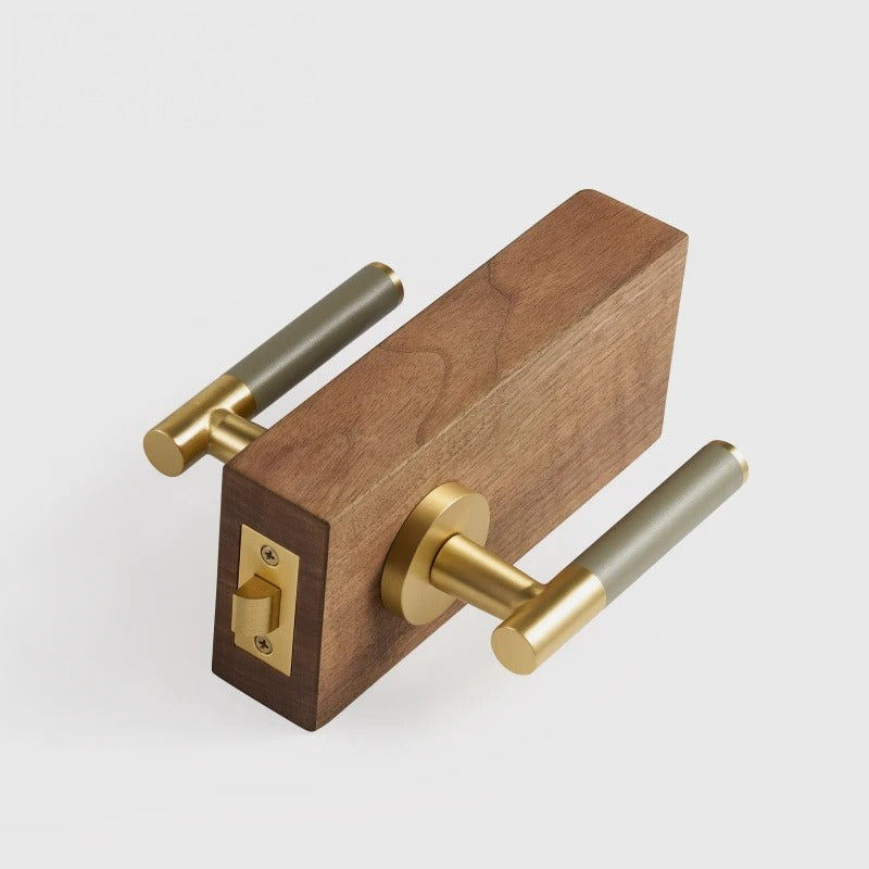 Leather Wrapped Solid Brass Door Lever Set, European Mortise