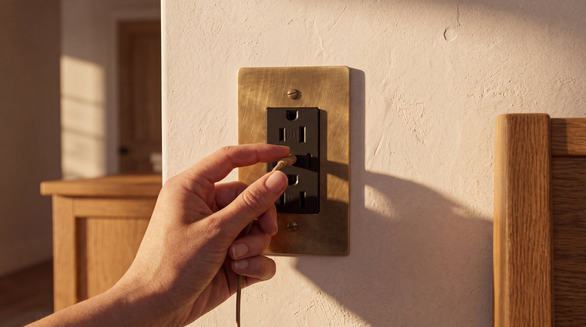 Solid Brass Dual USB-C Outlet in Unlacquered Antique Brass being used by hand