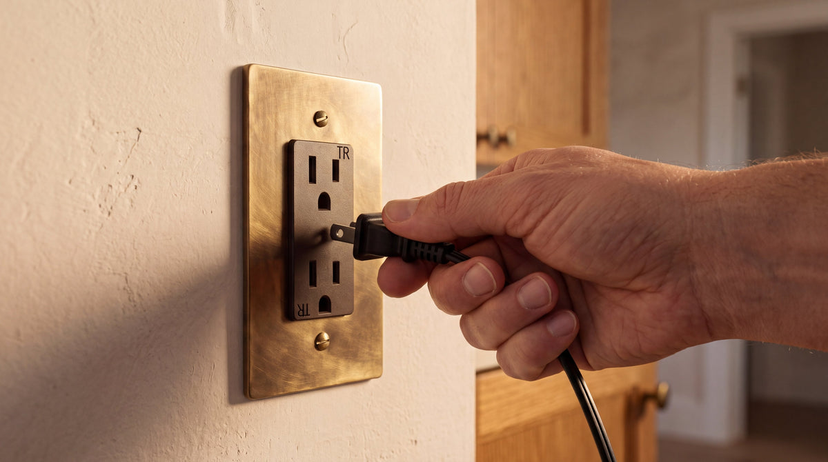 Solid Brass Duplex Outlet in Unlacquered Antique Brass being used by hand