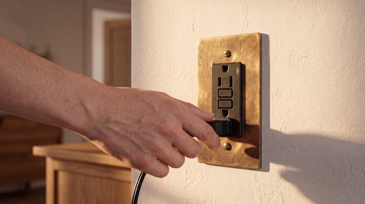 Solid Brass GFCI Outlet in Unlacquered Antique Brass being used by hand