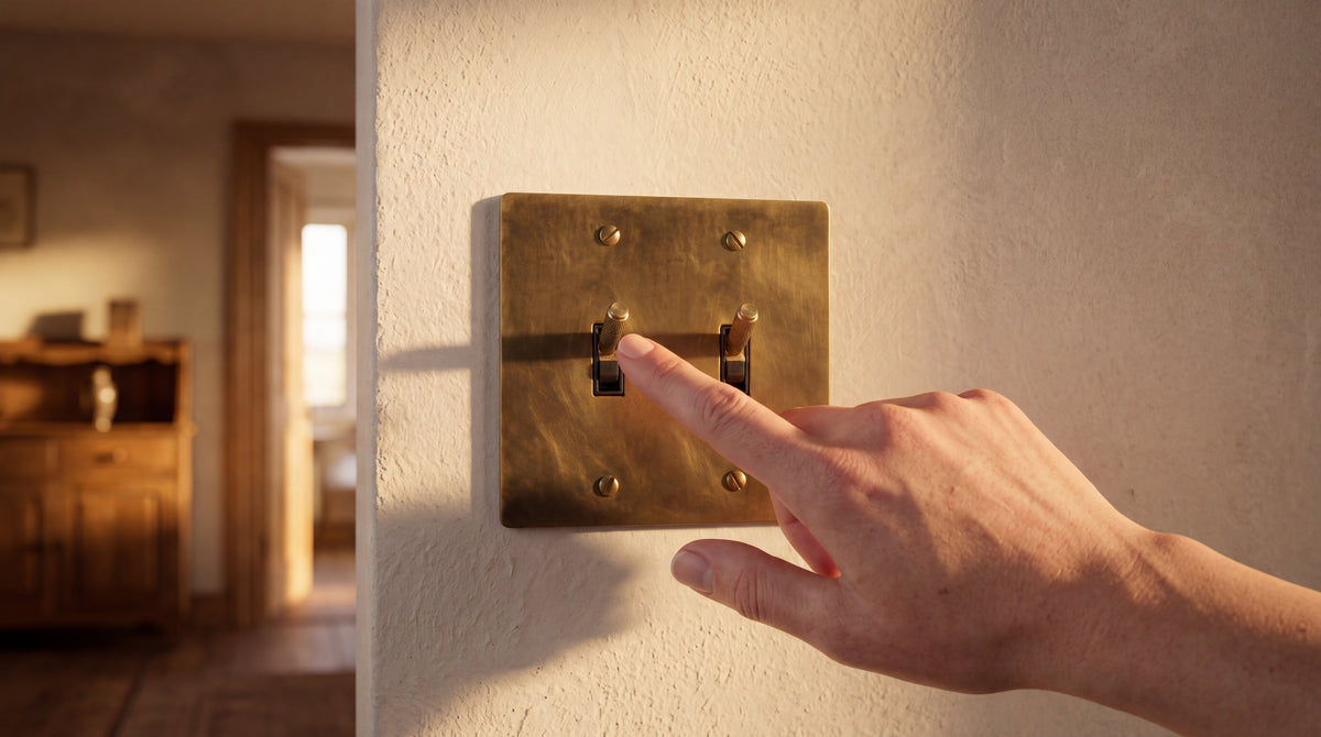 2-Gang Solid Brass Knurled Toggle Light Switch in Unlacquered Antique Brass being used by hand