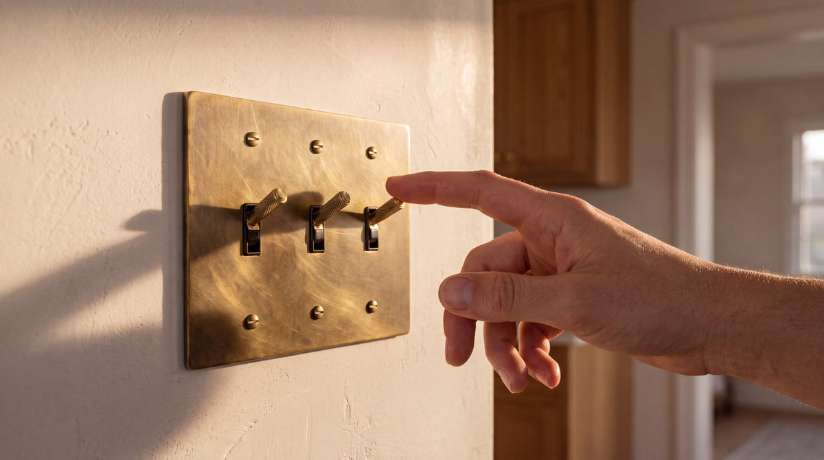 3-Gang Solid Brass Knurled Toggle Light Switch in Unlacquered Antique Brass being used by hand