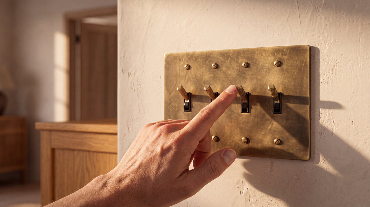 4-Gang Solid Brass Knurled Toggle Light Switch in Unlacquered Antique Brass being used by hand