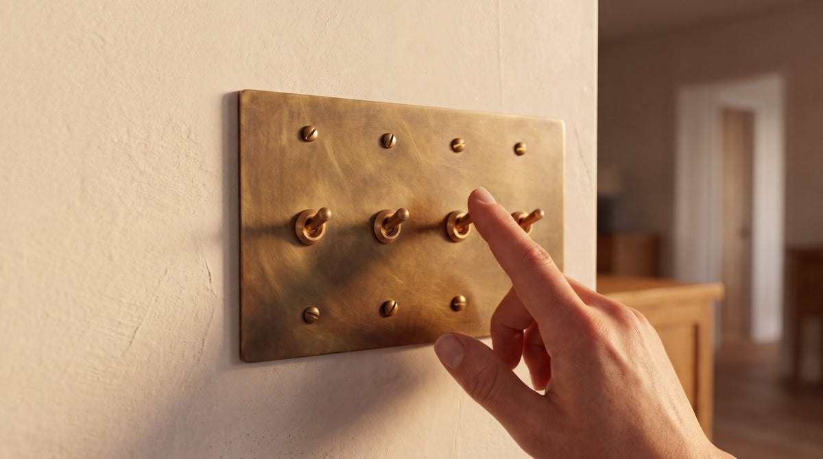 4-Gang Solid Brass Retro Toggle Light Switch in Unlacquered Antique Brass being used by hand