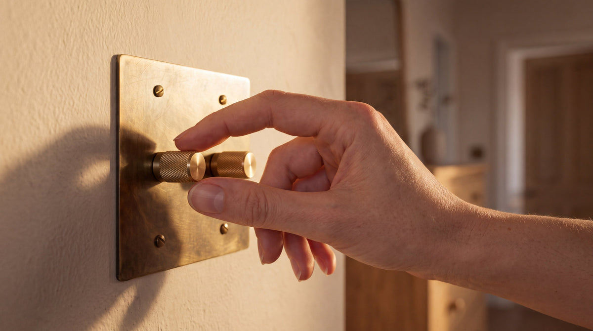 2-Gang Solid Brass Knurled Rotary Dimmer in Unlacquered Antique Brass being used by hand