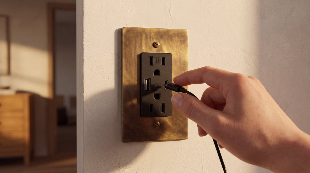 Solid Brass USB-A + USB-C Outlet in Unlacquered Antique Brass being used by hand