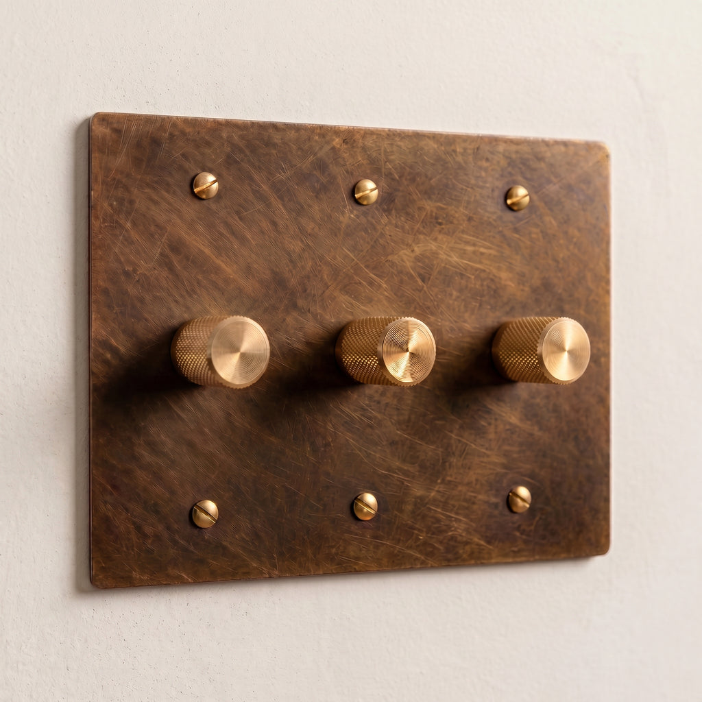 3-Gang Solid Brass Knurled Rotary Dimmer Light Switch