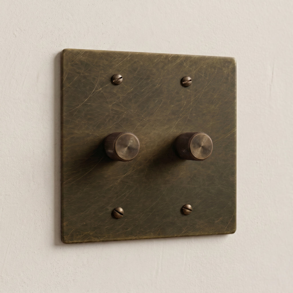 2-Gang Solid Brass Knurled Rotary Dimmer Light Switch