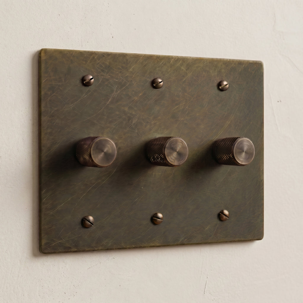 3-Gang Solid Brass Knurled Rotary Dimmer Light Switch