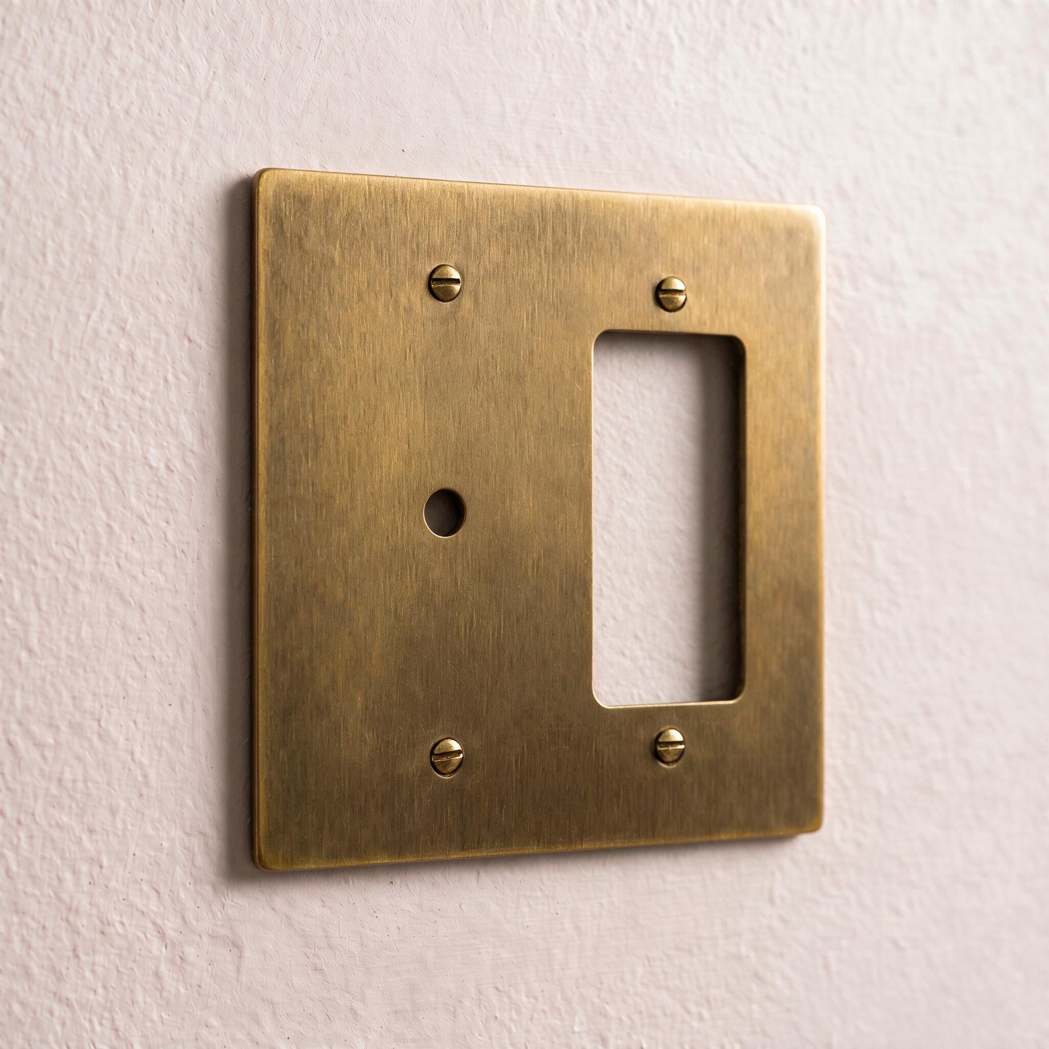 2-Gang Brass Dimmer + Outlet Wall Plate (Rotary + Decorator)